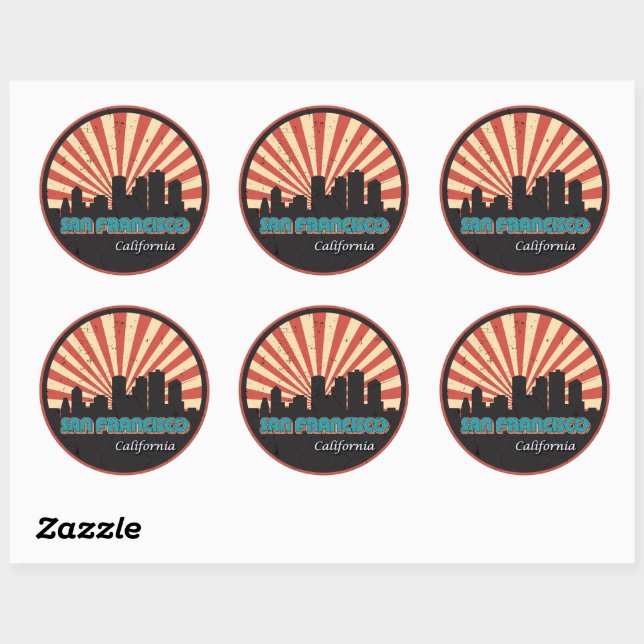 San Francisco California Staat Skyline Retro 70er Runder Aufkleber (Blatt)