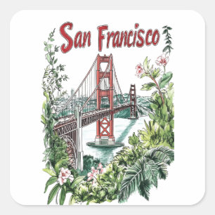 San Francisco Golden Gate Bridge Wasserfarbendesig Quadratischer Aufkleber