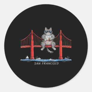 San Francisco Katze Golden Gate Bridge Eiskaffee Runder Aufkleber