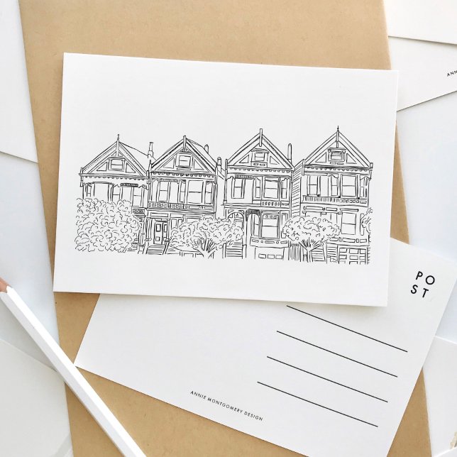 San Francisco Painted Ladys Sketch Postcard Einladungspostkarte (Black and white sketch San Francisco Painted Ladies houses travel postcard.)