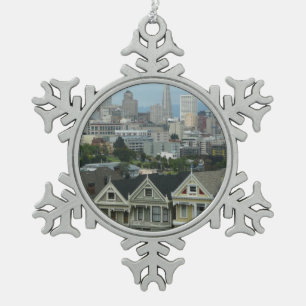 San Francisco Postcard Row Stadt Szene Fotografie Schneeflocken Zinn-Ornament