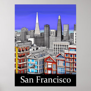 San Francisco Skyline Colored Line Art Poster