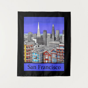San Francisco Skyline Colored Line Art Wandteppich