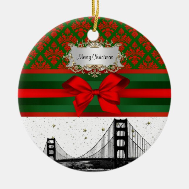 San Francisco Skyline Red Green Damask #2 Bow Xmas Keramikornament (Vorne)