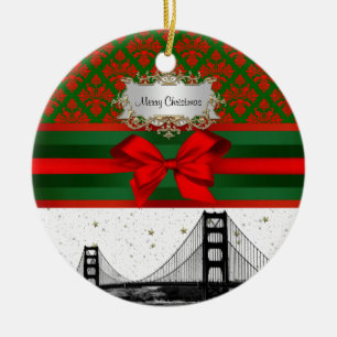 San Francisco Skyline Rot Grün Damast #2 Schleife Keramikornament