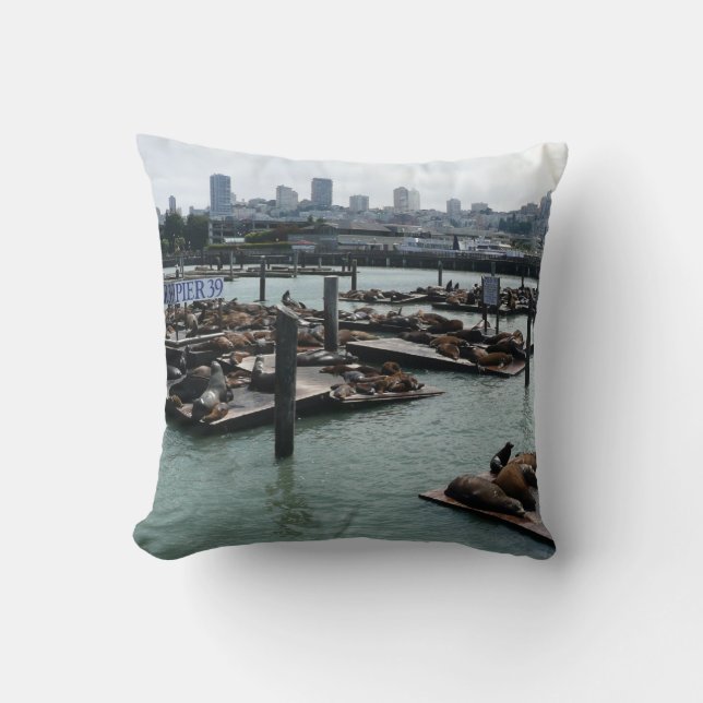 San Francisco und Pier 39 Sea Lions City Skyline Kissen (Vorderseite)
