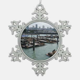 San Francisco und Pier 39 Seelöwen Stadt Skyline Schneeflocken Zinn-Ornament