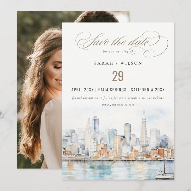 San Francisco Watercolor Landscape Photo Wedding Save The Date (Vorne/Hinten)