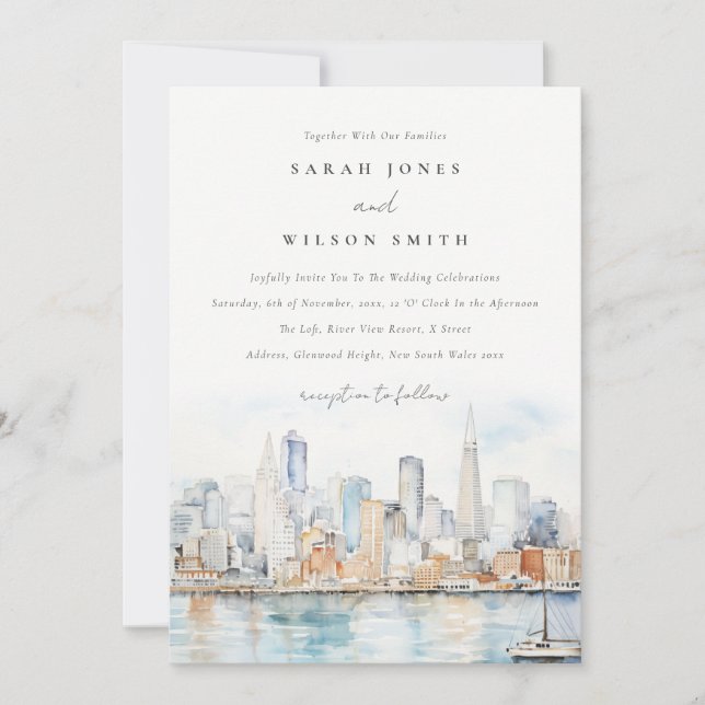 San Francisco Watercolor Landscape Wedding Einladung (Vorderseite)