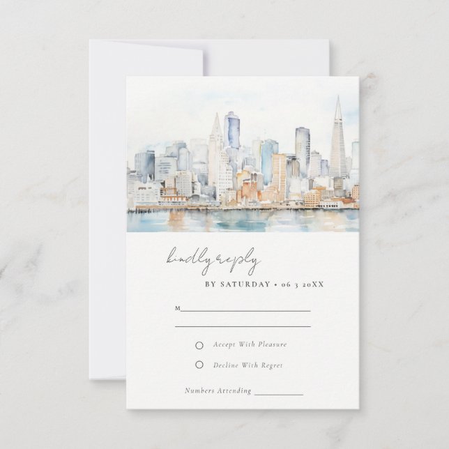 San Francisco Watercolor Landscape Wedding RSVP Karte (Vorderseite)