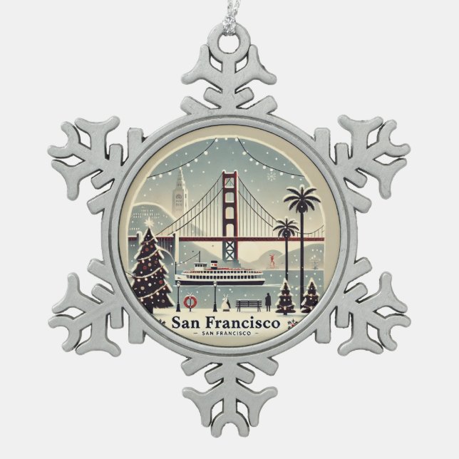 San Francisco Weihnachten - Golden Gate Bridge Schneeflocken Zinn-Ornament (Vorderseite)