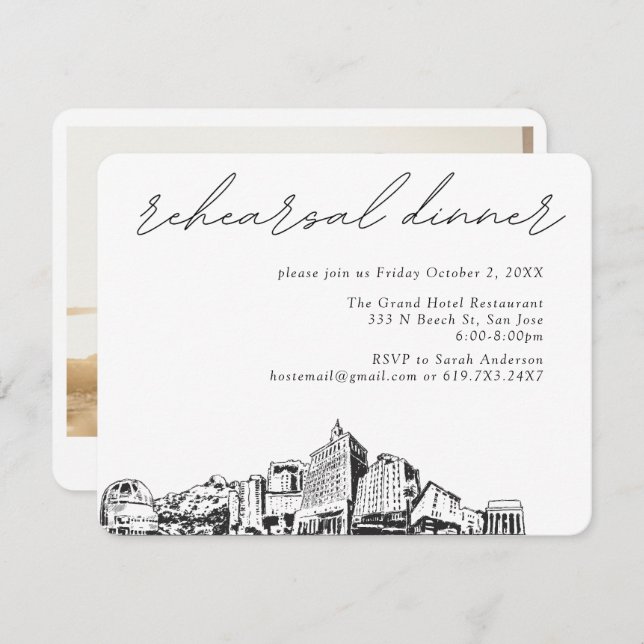San Jose CA Hochzeit Elegante Probe Abendessen Begleitkarte (Vorne/Hinten)