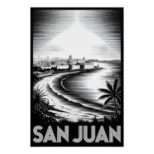 San Juan Puerto Rico Schwarz Weiß Holzschnitt Skyl Poster