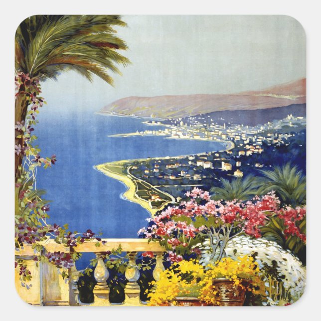 San Remo Italienisches Reiseplakat für das Mittelm Quadratischer Aufkleber (Vorderseite)