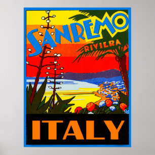 San Remo Riviera, Italien, Vintage Reiseplakat Poster