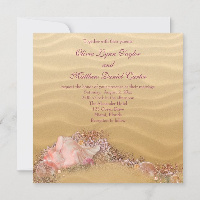 Sand Beach Seashells Beach Wedding Einladung (Vorderseite)
