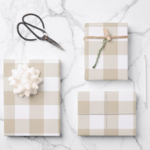 Sand Beige Gingham Karo Kariert neutraler Bauernho Geschenkpapier Set