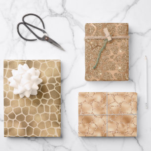 Sand Beige Gold Peach Glitzer Giraffe Print Geschenkpapier Set