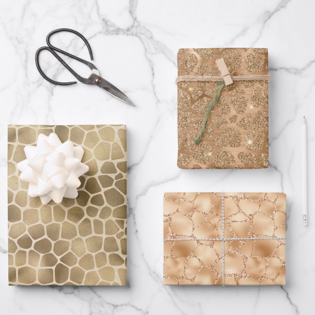 Sand Beige Gold Peach Glitzer Giraffe Print Geschenkpapier Set (Vorderseite)