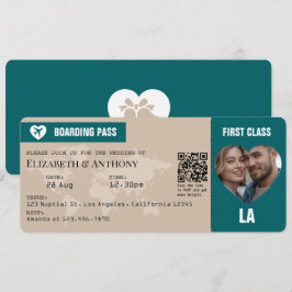Sand Beige & Ocean Teal Boarding Pass Wedding Einladung