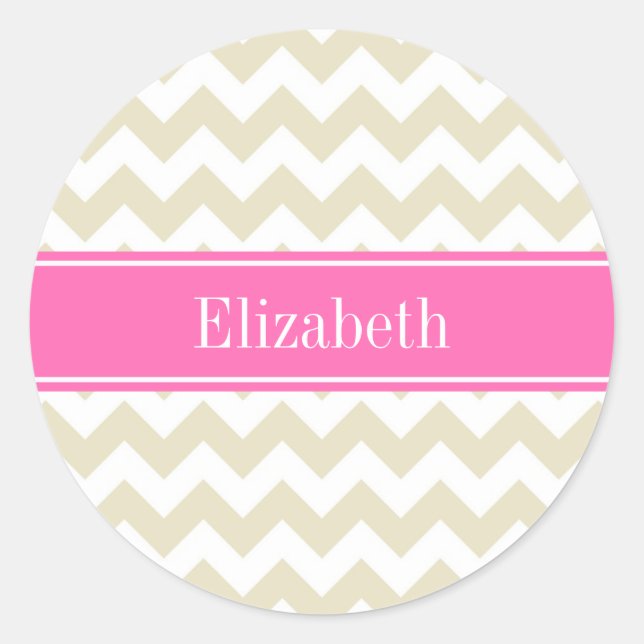 Sand Beige Zickzack, heiße Rosa #2 Name Monogram Runder Aufkleber (Vorderseite)