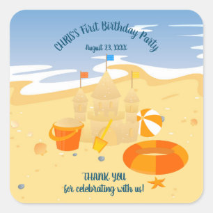 Sand Burg Beach Spaß Baby Geburtstagsparty Quadratischer Aufkleber