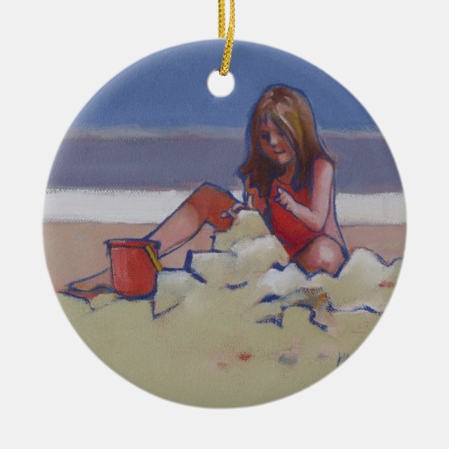 Sand Child Niedliches kleines Mädchen am Strand sp Keramikornament (Vorne)