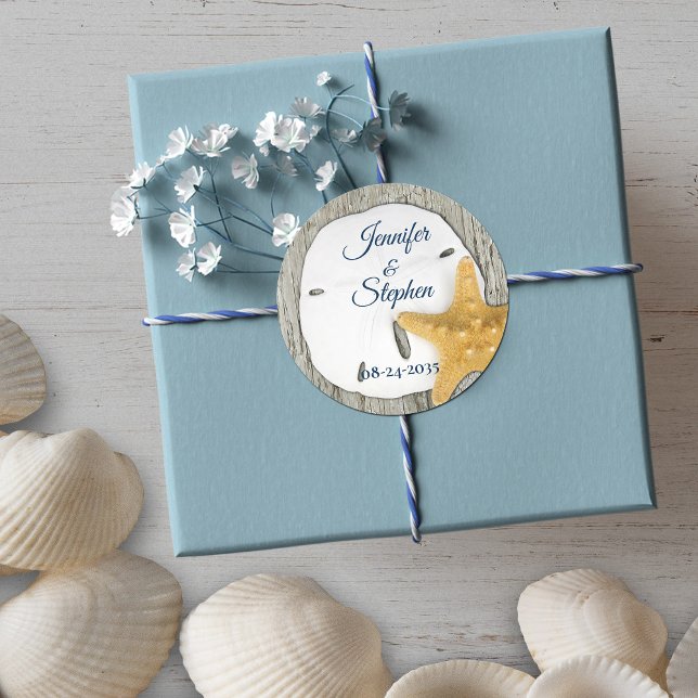 Sand Dollar Beach Driftwood Rustic Wedding Classic Runder Aufkleber (Von Creator hochgeladen)