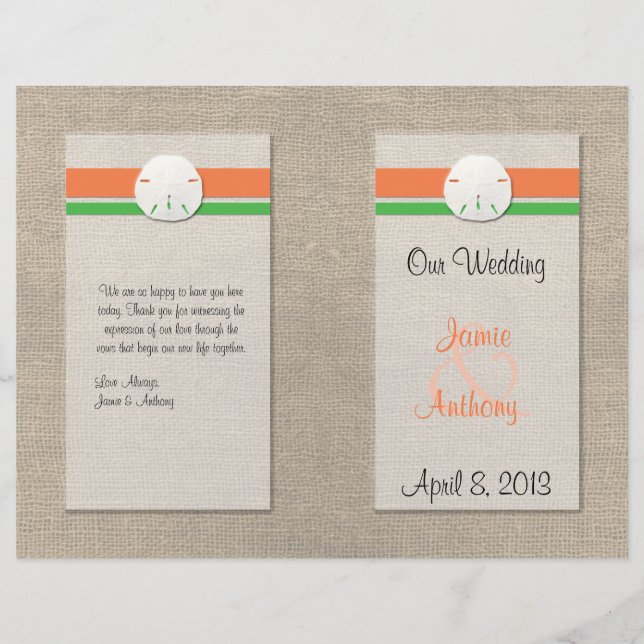 Sand Dollar Beach Wedding Program - Orange & Green (Vorderseite)