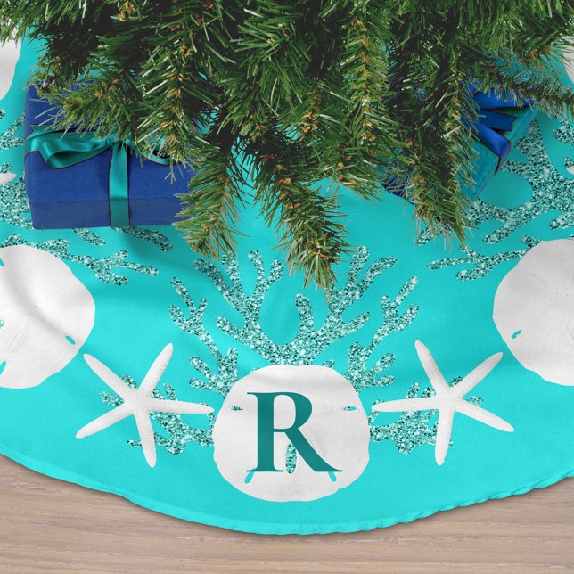 Sand Dollar Christmas Aqua Blue Monogram Polyester Weihnachtsbaumdecke (Von Creator hochgeladen)