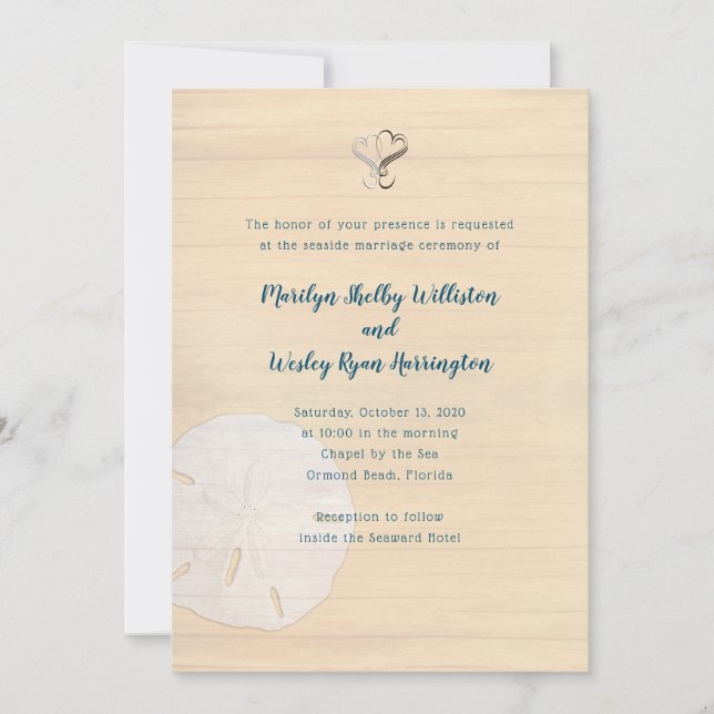 Sand Dollar Hearts Wood Beach Zeremonie Hochzeit Einladung (Vorderseite)
