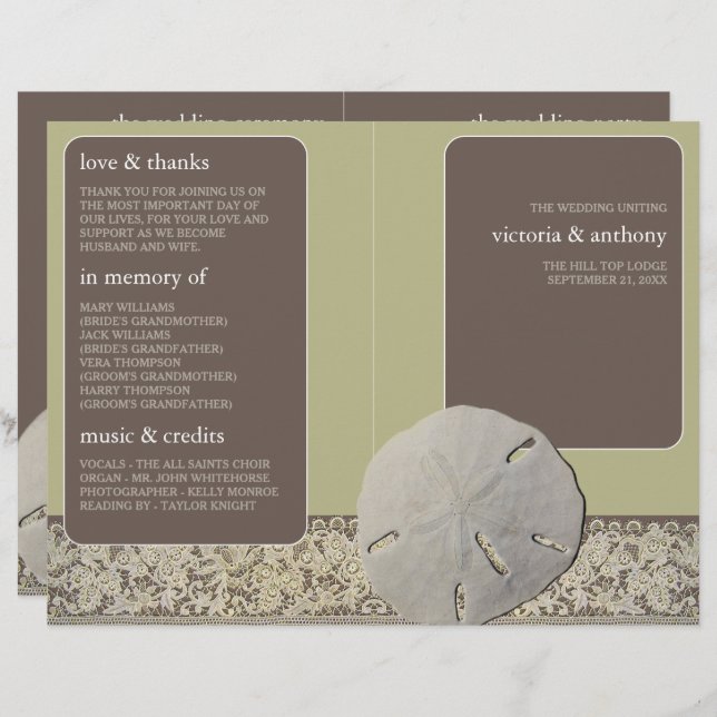 Sand-dollar-Lace, Vintag Beach Wedding Program (Vorne/Hinten)