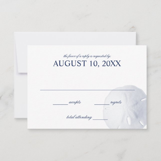 Sand Dollar Navy Blue Wedding RSVP Karte (Vorderseite)