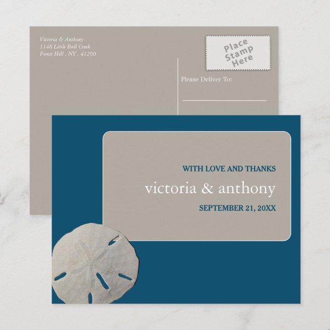 Sand Dollar, Ocean Blue Beach Hochzeit Danke Postkarte (Vorne/Hinten)