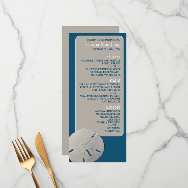 Sand Dollar, Ocean Blue Beach Hochzeit Menükarte (Vorderseite/Rückseite Beispiel)
