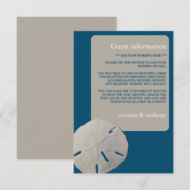 Sand Dollar, Ocean Blue Beach Hochzeitsdetails Begleitkarte (Vorne/Hinten)