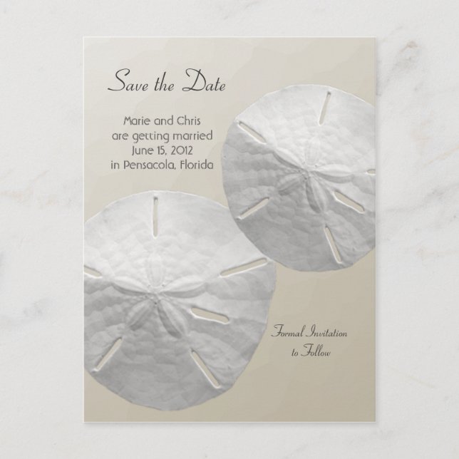 Sand Dollar Save the Date Beach Theme Wedding Ankündigungspostkarte (Vorderseite)