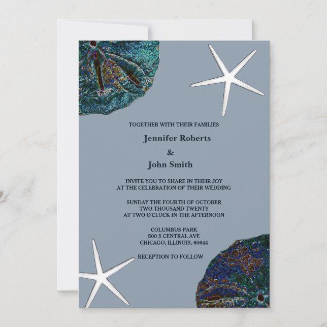 Sand Dollar Seashell Art Dusty Blue Beach Hochzeit Einladung (Vorderseite)
