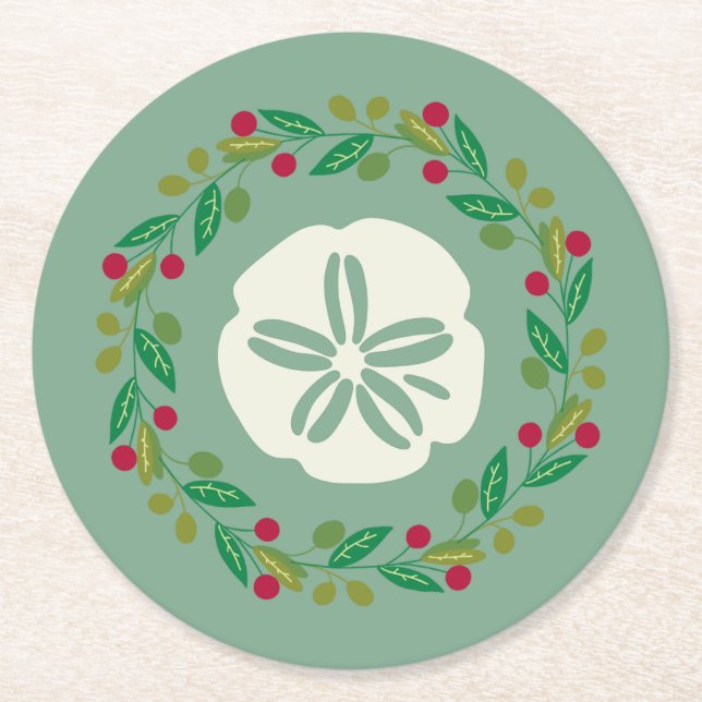 Sand Dollar Seashell Weihnachtskranz Runder Pappuntersetzer (Vorderseite)