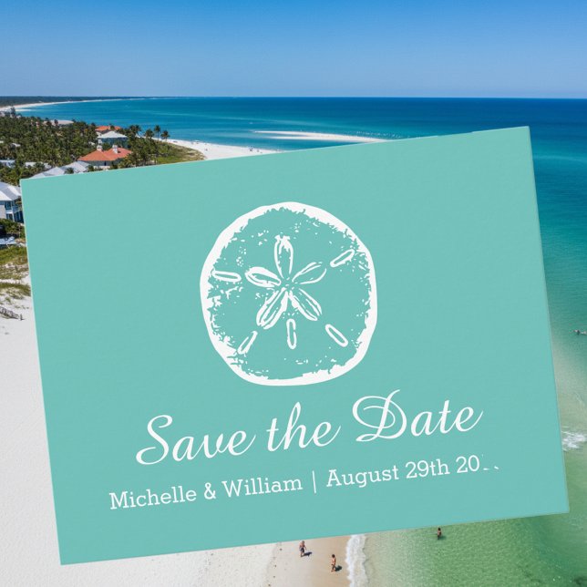 Sand Dollar Strand Hochzeit speichern Sie die Term Ankündigungspostkarte (save the date beach wedding card with sand dollar logo)