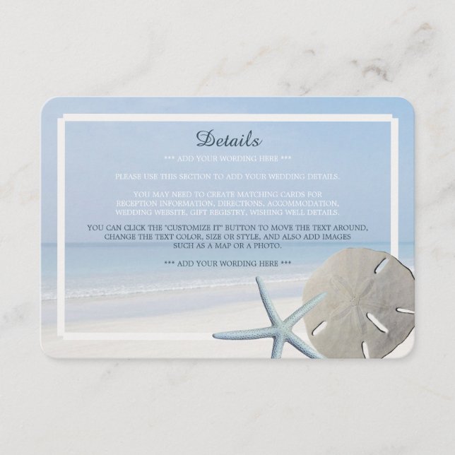 Sand Dollar und Starfish Beach Hochzeitsdetails Begleitkarte (Vorderseite)