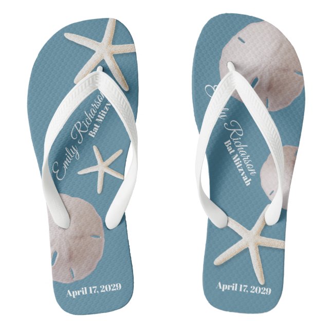Sand Dollar und Starfish Strand mit Name und Datum Flip Flops (Fußbett)