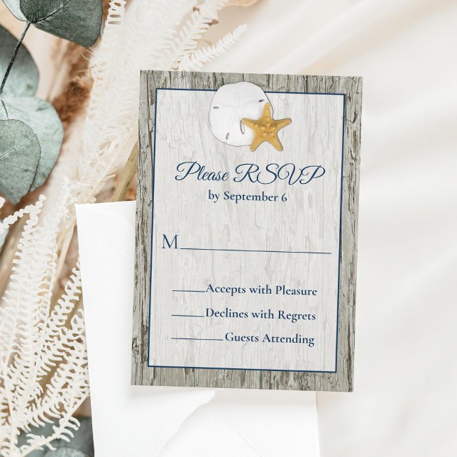 Sand Dollar Wedding Rustic Beach Driftwood UAWG RSVP Karte (Von Creator hochgeladen)