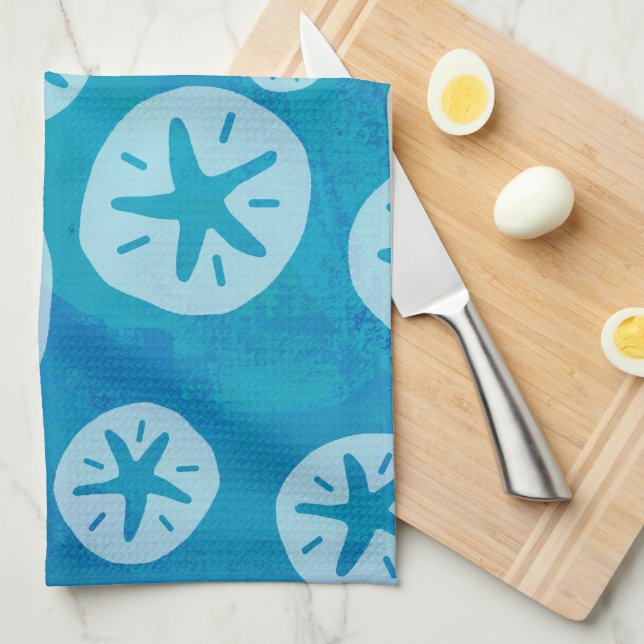Sand Dollar Weiß und Blau Muster Geschirrtuch (Viertel Falte)