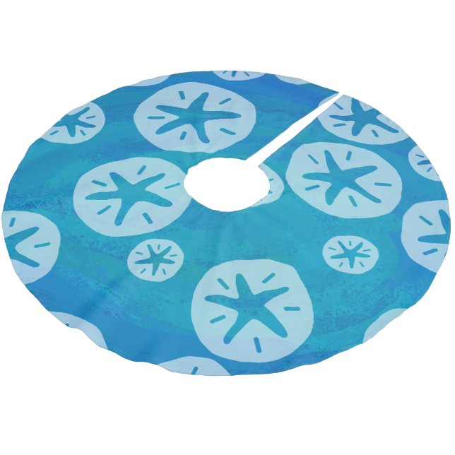 Sand Dollar Weiß und Blau Muster Polyester Weihnachtsbaumdecke (Schrägansicht)
