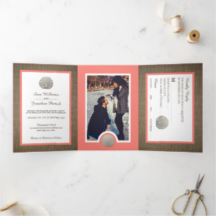 Sand Dollars & Burlap, Coral Beach Wedding Suite Dreifach Gefaltete Einladung