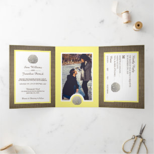 Sand Dollars & Burlap, Lemon Beach Wedding Suite Dreifach Gefaltete Einladung