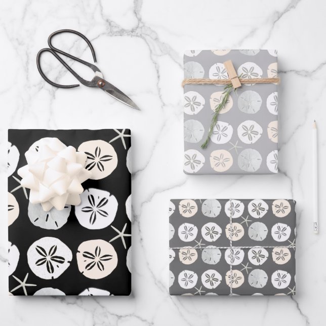 Sand Dollars Schwarz und Grau Muster Geschenkpapier Set (Vorderseite)