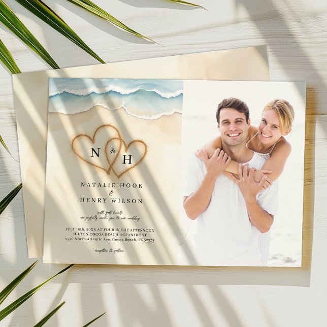 Sand Hearts Beach Mariage Photo Invitation Beige (Photo Beach Wedding Invite)