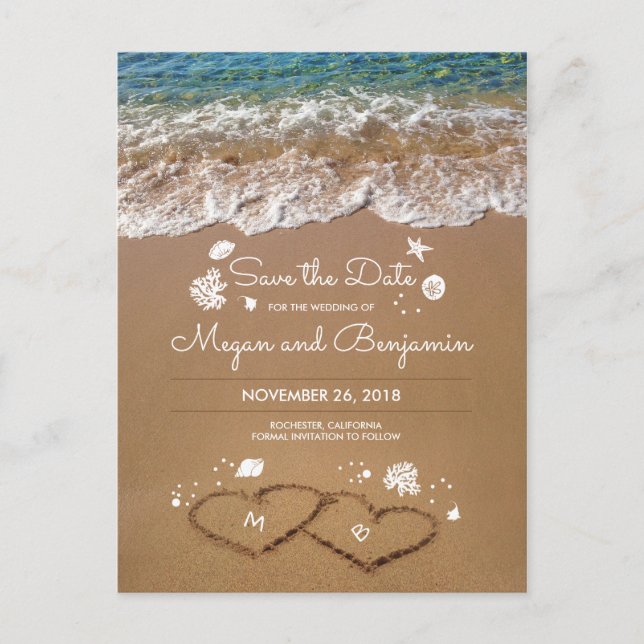Sand Hearts Beach Summer Save the Date Ankündigungspostkarte (Vorderseite)